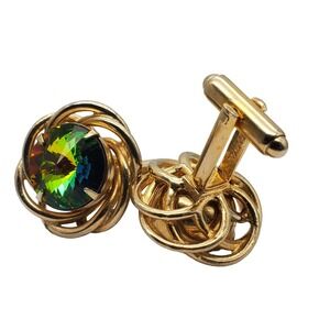 Green Watermelon Rivoli Cufflinks Gold Tone Twisted Vintage Dante Mens 1960s MCM